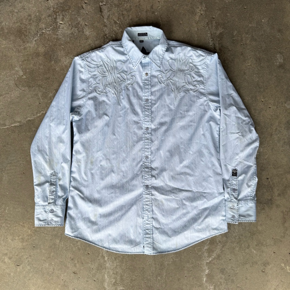 Y2K affliction style grunge light blue embroidered button up shirt Size Large